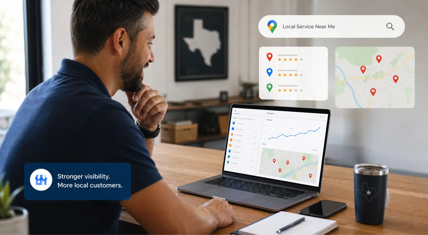 Local business owner reviewing a local visibility report